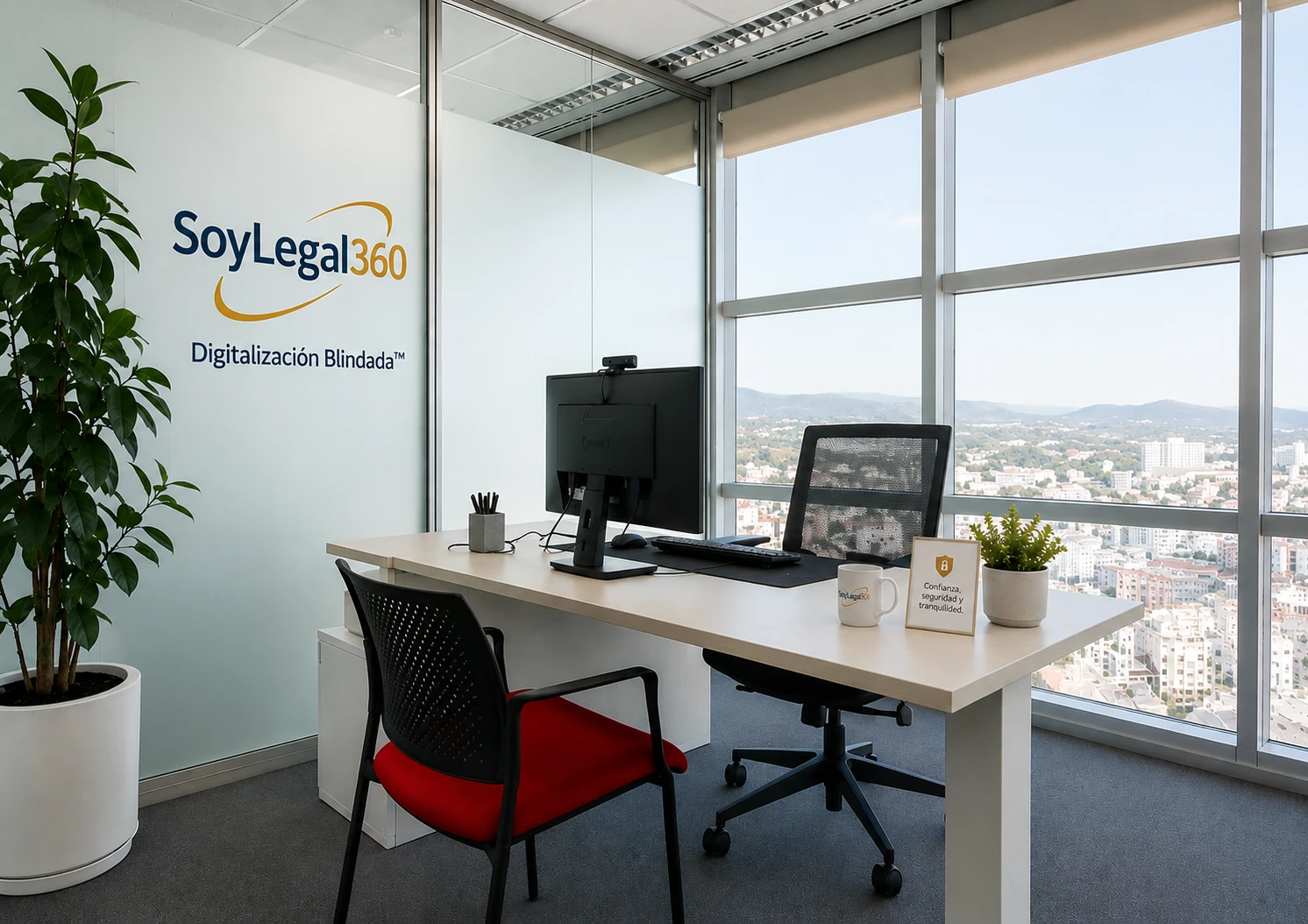 Puesto de trabajo SoyLegal360 con Digitalización Blindada™ y vista de ciudad