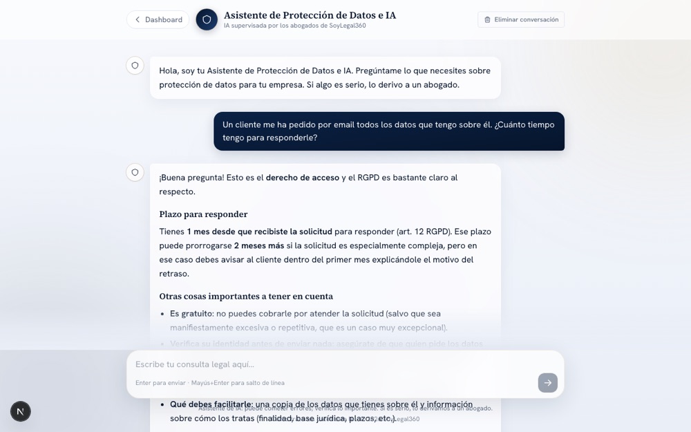 El asistente respondiendo una duda sobre el derecho de acceso citando el artículo 12 del RGPD