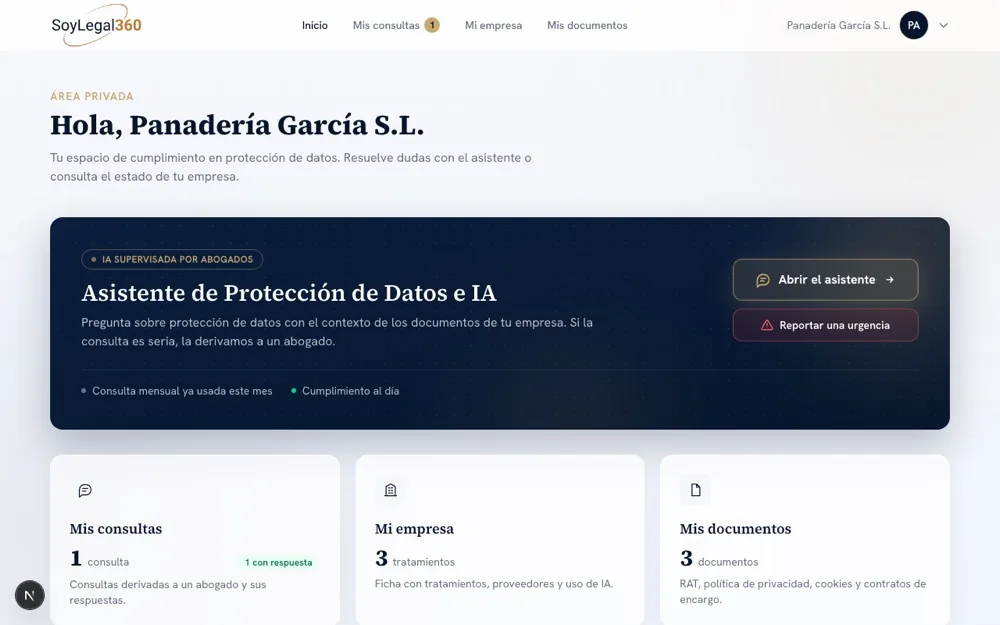Dashboard del área de clientes de SoyLegal360