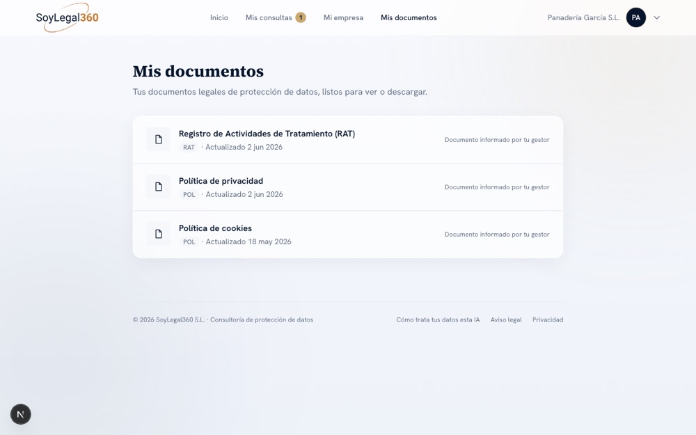 Sección Mis documentos con el RAT, la política de privacidad y la de cookies